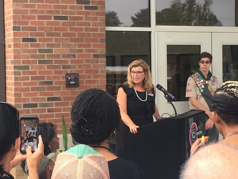 Princpal Amanda Richie speaks at the ribbon-cutting ceremony for the new new Brumby Elementary School on Tuesday, July 31, 2018.