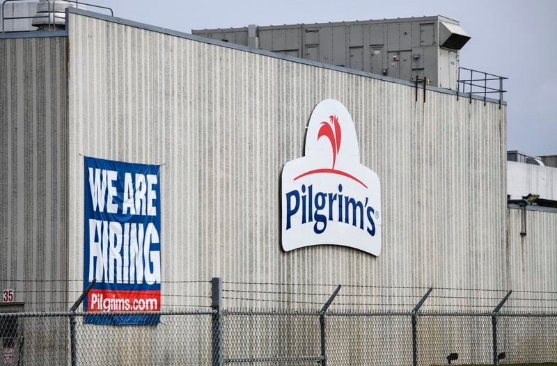 This April 28, 2020 file photo shows the Pilgrim’s Pride plant in Cold Spring. Minn. A federal grand jury has charged four current and former chicken company executives with price-fixing. (Dave Schwarz/St. Cloud Times via AP)