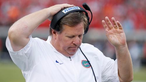 Florida Gators head coach Jim McElwain reacts in the third quarter of a game against the Georgia Bulldogs at EverBank Field on October 28, 2017 in Jacksonville, Florida. Georgia defeated Florida 42-7. (Photo by Joe Robbins/Getty Images)