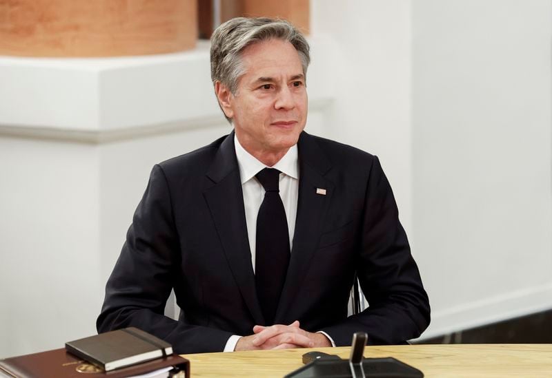 U.S. Secretary of State Antony Blinken attends a meeting on the second day of a G7 foreign ministers meeting on Capri island, Italy, Thursday April 18, 2024. (Remo Casilli/Pool via AP)