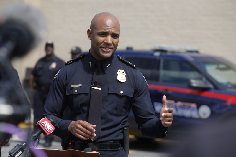 Atlanta Police Lt. Ralph Woolfolk IV speaks during a press conference about the increase in car thefts in the city at Collier Heights Shopping Center on Wednesday, April 5, 2023. Vehicle thefts are on the rise as a result of the viral TikTok challenge in which people are hot wiring Kias and Hyundais with USB cables. (Natrice Miller/natrice.miller@ajc.com)