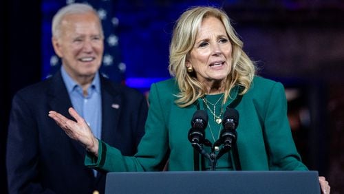 First Lady Jill Biden talks at a rally at Pullman Yard on Saturday evening in Atlanta, March 9, 2024. Some liberal stalwarts are urging Georgia Democrats to leave their ballots blank on Tuesday as a protest vote over Joe Biden's policies toward Israel in the war in Gaza. (Steve Schaefer/steve.schaefer@ajc.com)