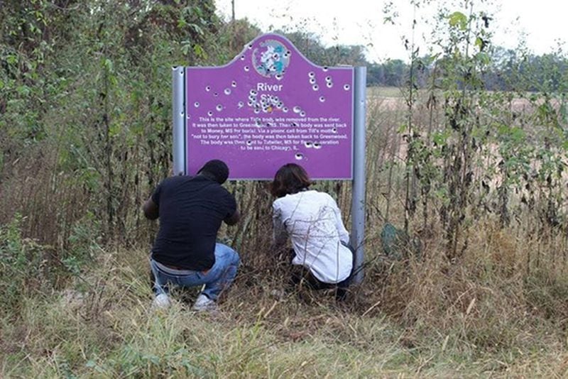 The second Emmett Till sign in 2016 was left riddled with bullet holes.
