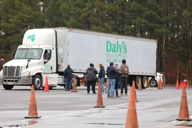 Student drivers wait their turn to get some time behind the wheel at the Daly's Truck Driving School in Buford, Georgia.
Miguel Martinez for The Atlanta Journal-Constitution 