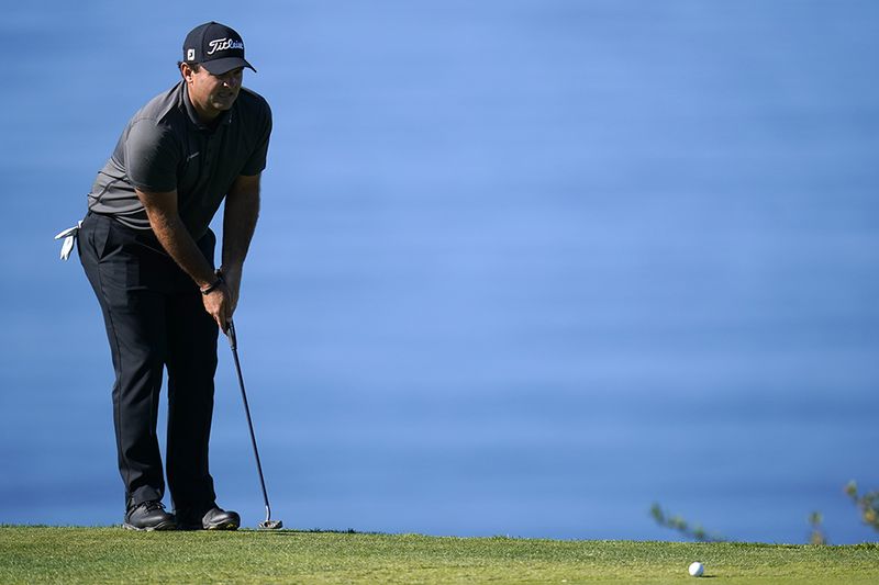 Patrick Reed lines up a putt on the fourth hole of the South Course during the third round of the Farmers Insurance Open Saturday, Jan. 30, 2021, at Torrey Pines in San Diego. (Gregory Bull/AP)