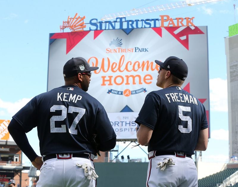 Atlanta Braves Matt Kemp and Freddie Freeman take in their new home as they prepare to play an exhibition game against the New York Yankees for the soft opening of SunTrust Park on Friday, March 31, 2017. Curtis Compton/ccompton@ajc.com