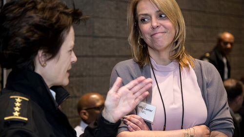 Head of Security for the NFL Cathy Lanier (R) talks with the Chief of Police for the City of Atlanta, Georgia Erika Shields before the start of the Super Bowl LIII Executive Public Safety Tabletop Exercise at the Georgia World Congress Center Wednesday, November 5, 2018. STEVE SCHAEFER / SPECIAL TO THE AJC