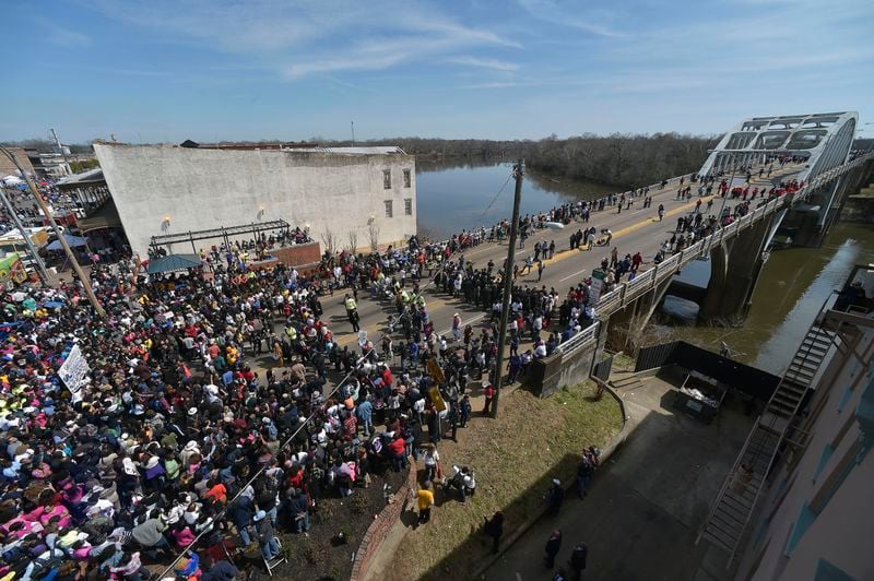 Crowds gathered in 2015 before a symbolic walk across the Edmund Pettus Bridge.