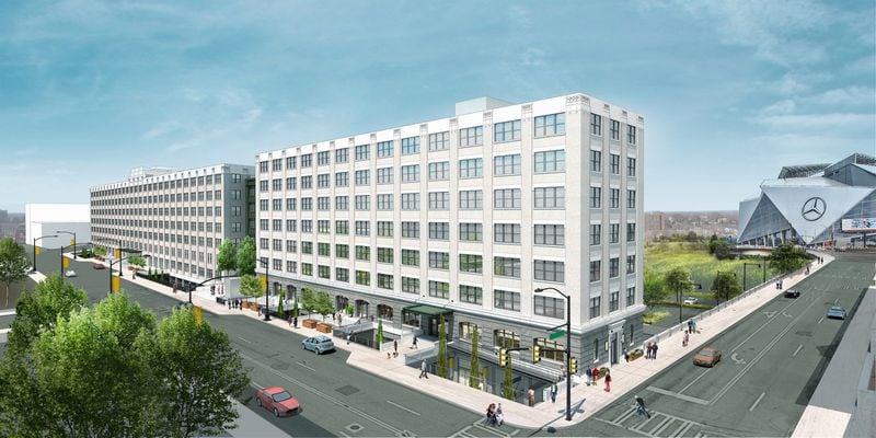 A rendering shows the planned redevelopment of the former Norfolk Southern office complex in downtown Atlanta. Developer CIM Group plans 246 loft apartments and street level commercial space. SPECIAL