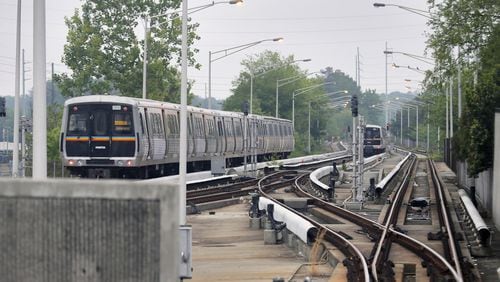 MARTA trains are staged at the end of the gold line at the Doraville station. A proposal from some metro Atlanta mayors would create an east-est line connecting the station to SunTrust Park. BOB ANDRES /BANDRES@AJC.COM AJC FILE PHOTO