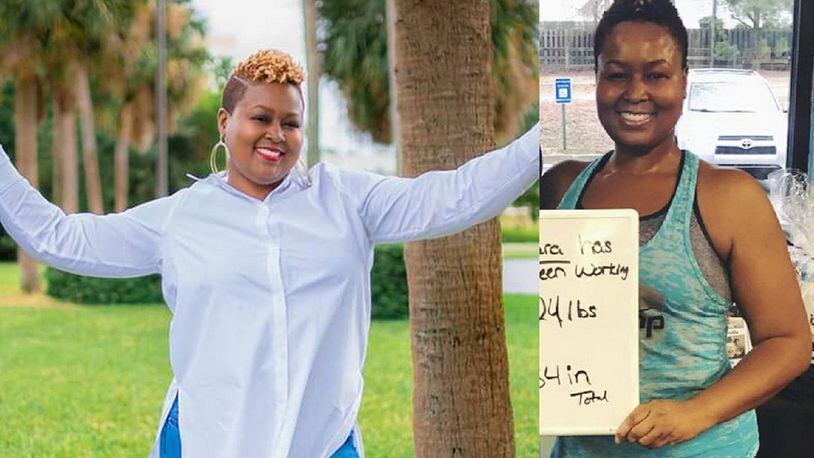 Natara Beaurem weighed 227 pounds when the photo on the left was taken in December 2016. When the photo on the right was taken in January, she weighed 193 pounds. (Photos contributed by Natara Beaurem)`