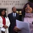 Georgia election workers Ruby Freeman and her daughter, Shaye Moss, speak outside of the  E. Barrett Prettyman U.S. District Courthouse on Dec. 15 in Washington, D.C. They are seeking damages from The Gateway Pundit, which spread false allegations of voting fraud against Freeman and Moss. The Gateway Pundit filed for bankruptcy last week. (Alex Wong/Getty Images/TNS)