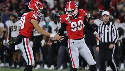 Georgia punter Jake Camarda (L) is ready, willing and able to replace kicker Rodrigo Blankenship (98) as not only the Bulldogs' place-kicker, but also as that quirky Bulldog that fans just love to root for. (Curtis Compton/ccompton@ajc.com)