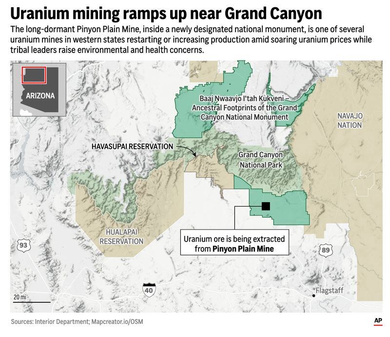 The map above locates the Pinyon Plain Mine in Arizona. The largest uranium producer in the United States is ramping up work at the mine less than 10 miles from the rim of the Grand Canyon. (AP Digital Embed)