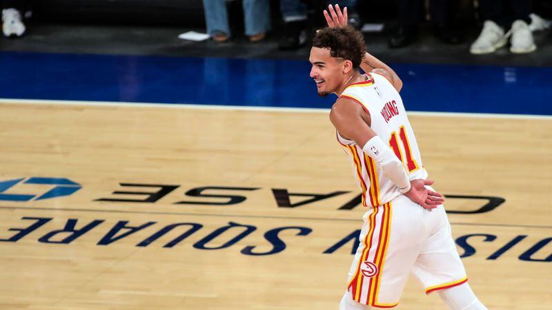 Atlanta Hawks guard Trae Young (11) waves to the crowd after making a three point shot against the New York Knicks in the fourth quarter of Game 5 of first-round playoff series Wednesday, June 2, 2021, in New York. (Wendell Cruz/AP)