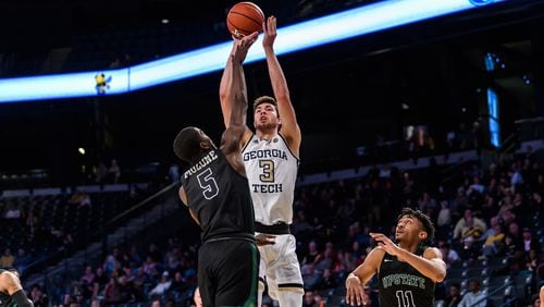 Georgia Tech forward Evan Cole scored a career-high 16 points in the Yellow Jackets' 79-63 win over USC Upstate Wednesday evening at McCamish Pavilion. (Danny Karnik/Georgia Tech Athletics)