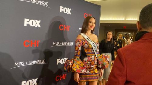 Miss Universe Catriona Grey speaks to the media at the Marriott Marquis in downtown Atlanta.