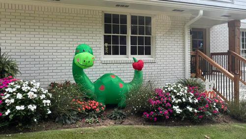 Tina Muirhead-Walden shows her support for the dinosaur cause by installing an inflatable in her yard. (Photo Courtesy of Tina Muirhead-Walden)