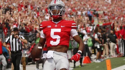 Ohio State receiver Garrett Wilson likely is high on the Falcons' wish list in the upcoming NFL draft. (Adam Cairns/Columbus Dispatch/TNS)