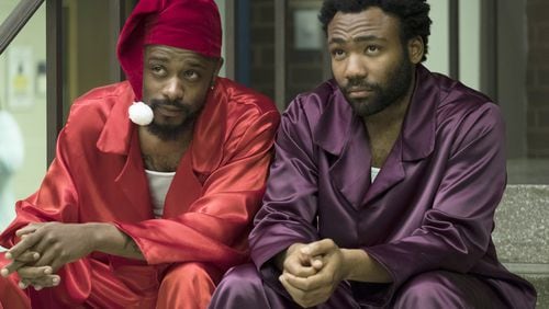 Lakeith Stanfield, left, and Donald Glover star in “Atlanta.” Glover is nominated in multiple categories for the series. Contributed by Guy D’Alema/FX