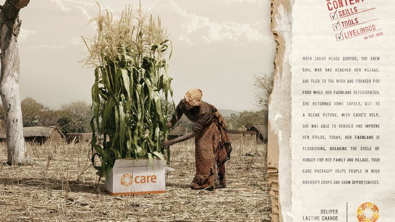 A new marketing campaign by CARE intends to emphasize the agency’s role in promoting development. This image from a display ad suggests that out of today’s CARE Package grows a healthy agricultural economy.