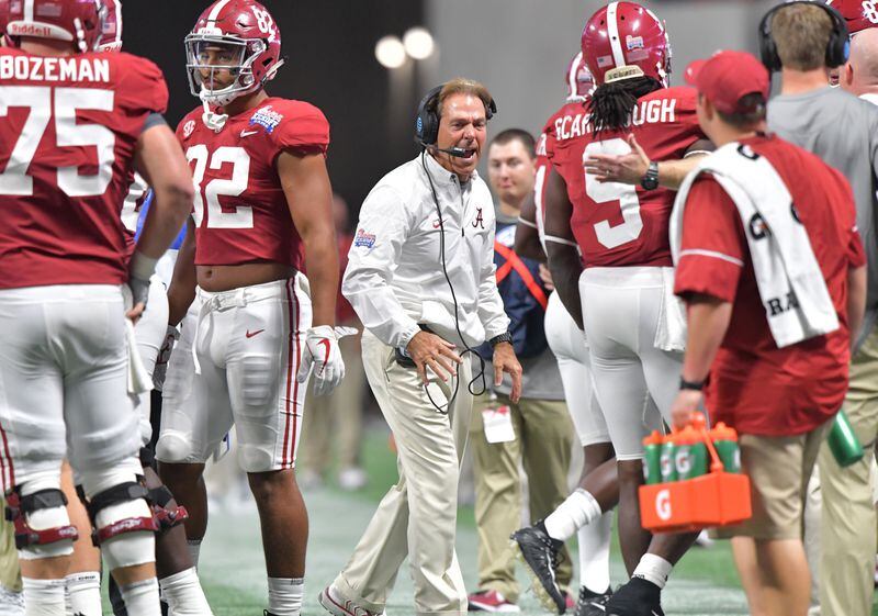 September 2, 2017 Atlanta - Alabama head coach Nick Saban shouts instructions in the second half of the 2017 Chick-Fil-A Kickoff game at the Mercedes-Benz Stadium on Saturday, September 2, 2017. Alabama won 24 - 7 over the Florida State. HYOSUB SHIN / HSHIN@AJC.COM