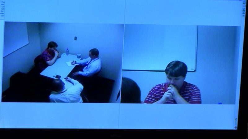 Justin Ross Harris is shown being interrogated by Cobb detective Phil Stoddard in this footage shown to jurors during Harris' murder trial at the Glynn County Courthouse in Brunswick, Ga., on Friday, Oct. 21, 2016. (screen capture via WSB-TV)