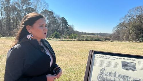 Tracie Revis, the director of advocacy for the Ocmulgee National Park and Preserve Initiative, overlooking the at the Ocmulgee Mounds National Historic Park.