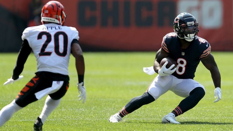 Chicago Bears running back Damien Williams (8) makes a move after a first quarter reception against the Cincinnati Bengals at Soldier Field in Chicago on Sunday, September 19, 2021. (Chris Sweda/Chicago Tribune/TNS)