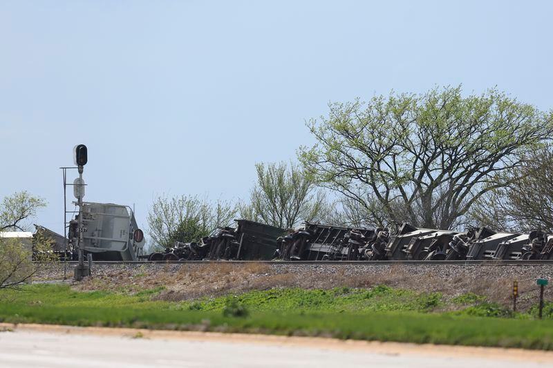 BNSF train cars are seen derailed along U.S. Route 6 after a tornado, Friday, April 26, 2024, between Waverly and Lincoln, Neb. (Nikos Frazier/Omaha World-Herald via AP)