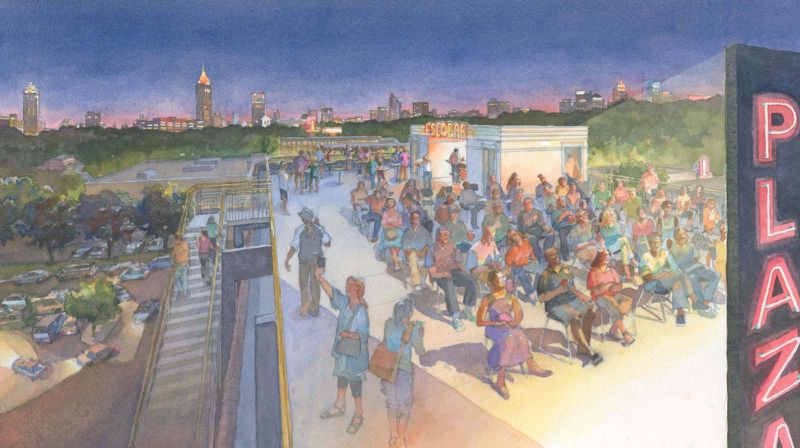 An artist's rendering of what the rooftop bar and outdoor screening space would look like at Plaza Theatre. CONTRIBUTED
