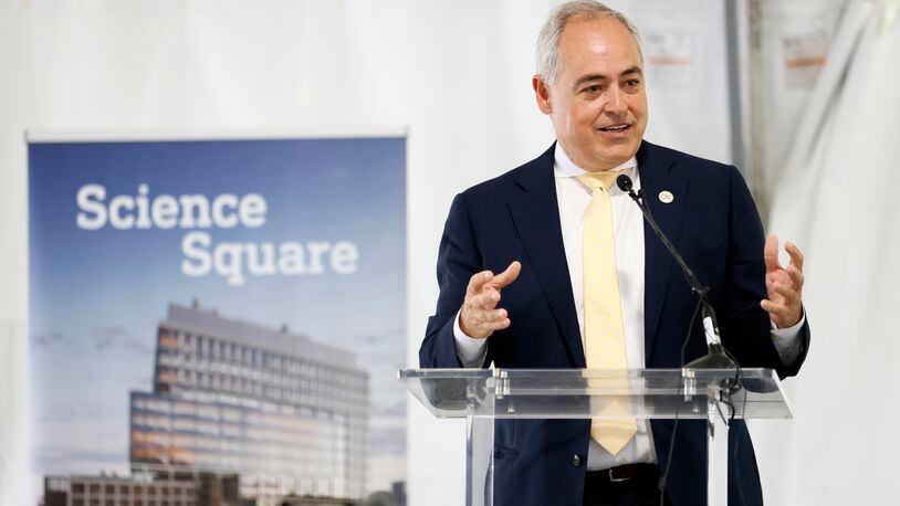Georgia Tech President Ángel Cabrera addresses the crowd during the groundbreaking of the Science Square on Thursday, August 18, 2022. Science Square is a development by Trammell Crow Company, High Street Residential, and Georgia Tech. The development will have nearly 365,000 square feet of lab and office space across 13 stories. Miguel Martinez / miguel.martinezjimenez@ajc.com