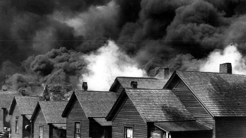 The Great Atlanta Fire of May 21, 1917. Flames jumped from roof to roof across blocks of wood-shingled houses. More than 4,000 Atlantans were homeless before the wind changed and the fire died. The fire consumed 73 blocks and 1,553 houses.