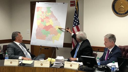 State Sen. Bill Cowsert, a Republican from Athens, points to new Senate districts during a committee meeting in November 2021. A federal judge recently ordered Georgia legislators to redraw the state's political lines to create a new majority-Black congressional district. (Mark Niesse/mark.niesse@ajc.com)