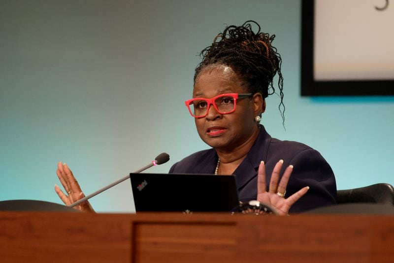DeKalb County Board of Education Chair Vickie Turner speaks during the meeting on April 18, 2022, in Stone Mountain, Georgia. The board discussed how best to address needed building repairs across the district. (Jason Getz / Jason.Getz@ajc.com)