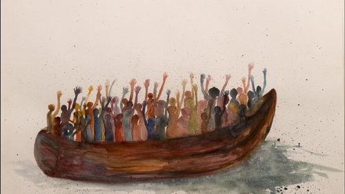 Corrina Sephora Mensoff’s “Across Uncertain Waters” in watercolor on paper is part of the two-person show “Voyages Unforeseen” at Kibbee Gallery.