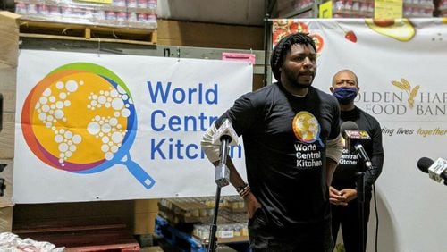 Ackeem Evans, the Georgia team lead for World Central Kitchen, speaks at a recent event for the non-profit. COURTESY OF ACKEEM EVANS