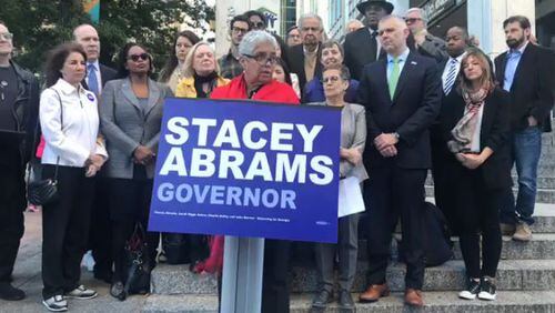 Former Atlanta mayor Shirley Franklin at a Monday press conference in downtown Atlanta, supporting Democratic candidate for governor Stacey Abrams.