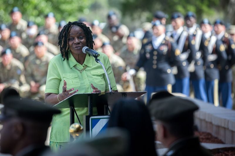FORT STEWART, GA - MAY 20, 2021: Kasinal Cashe White, Sgt. 1st Class Alwyn Cashe's sister, speaks during a ceremony honoring her brother.  (AJC Photo/Stephen B. Morton)