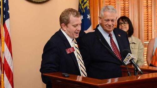 State Rep. Bert Reeves, left, and House Speaker David Ralston discuss changes to Georgia's adoption laws during a press conference Aug. 30, 2018. Photo contributed by Georgia House of Representatives.