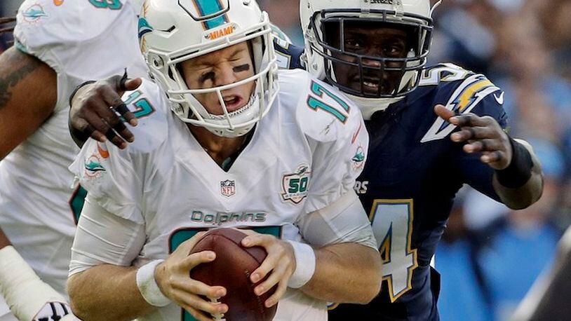 Miami Dolphins quarterback Ryan Tannehill (17) is sacked by San Diego Chargers outside linebacker Melvin Ingram, right, during the second half in an NFL football game Sunday, Dec. 20, 2015, in San Diego. (AP Photo/Gregory Bull)