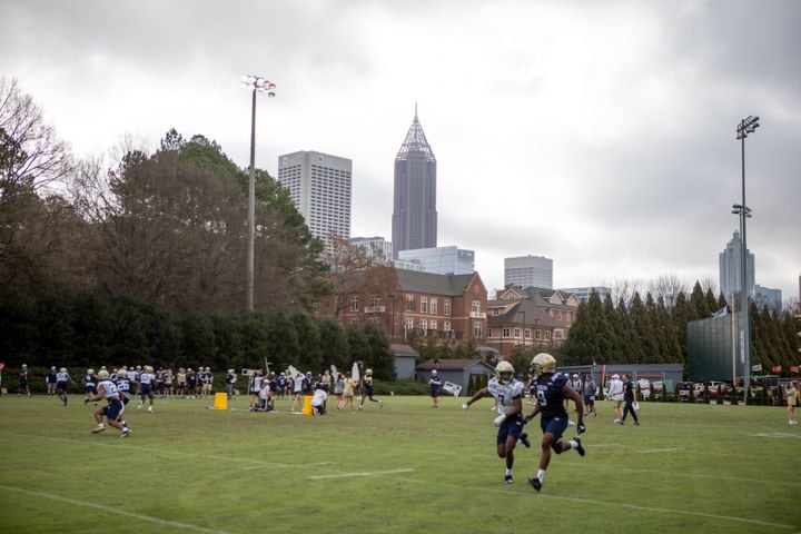 Players run a drill during the first day of spring practice for Georgia Tech football at Alexander Rose Bowl Field in Atlanta, GA., on Thursday, February 24, 2022. (Photo Jenn Finch)