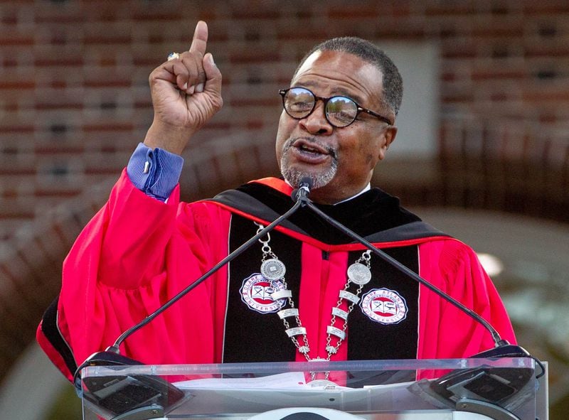 Clark Atlanta University President George T. French Jr. speaks at the 2020 graduation Saturday at the Harkness Hall Quadrangle in Atlanta on May 15, 2021. The 2020 ceremony was postponed because of the COVID-19 pandemic. The 2021 graduates also received their diplomas Saturday. (Photo: Steve Schaefer for The Atlanta Journal-Constitution)