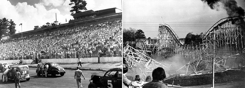 Left: A Lakewood Speedway race gets interrupted, perhaps by an accident, in the early 1950s. (Bill Wilson / AJC file) Right: The Greyhound roller coaster gets demolished in 1980. (George Clark/AJC file)