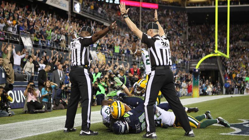 Wide receiver Golden Tate of the Seattle Seahawks makes a catch in the end zone to defeat the Green Bay Packers on a controversial call by the officials Sept. 24, 2012, at CenturyLink Field on  in Seattle.