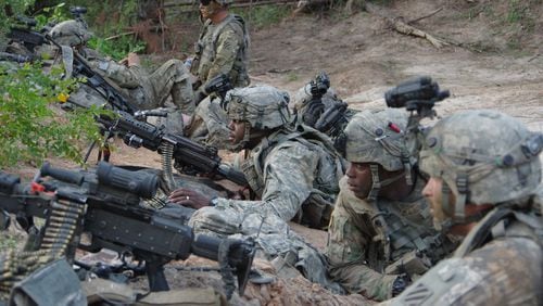 Georgia National Guardsmen from the 48th Infantry Brigade Combat Team conduct live fire exercises at the Joint Readiness Training Center in Fort Polk, La., May 9, 2018. Photo by JRTC Operations Group PAO
