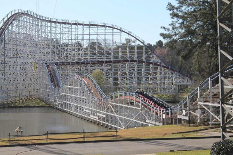 The Great American Scream Machine is running with riders facing backward at Six Flags Over Georgia for a limited time. Here the train is at the end of the ride, approaching the brake run. TOM KELLEY / TKELLEY@AJC.COM