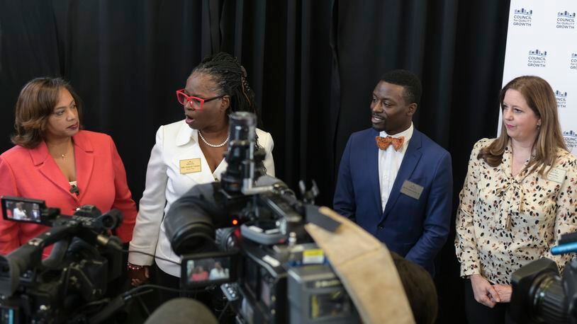 Interim superintendent Dr. Vasanne Tinsley (left) alongside DeKalb School Board Chair Vickie B. Turner and board members Diijon DaCosta and Anna Hill following the DeKalb State of the County Address on Wednesday, April 27, 2022. (Natrice Miller / natrice.miller@ajc.com)