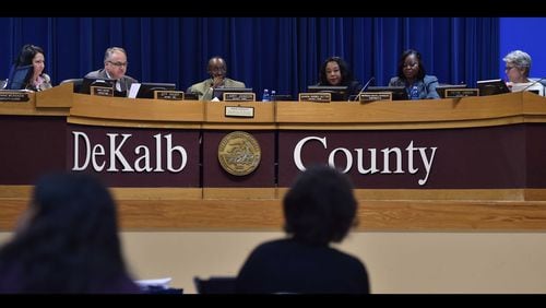Communications from DeKalb County commissioners and other elected officials may be limited by the DeKalb Board of Ethics. From left: Commissioners Nancy Jester, Jeff Rader, Larry Johnson, Sharon Barnes Sutton, Mereda Davis Johnson and Kathie Gannon. BRANT SANDERLIN/BSANDERLIN@AJC.COM