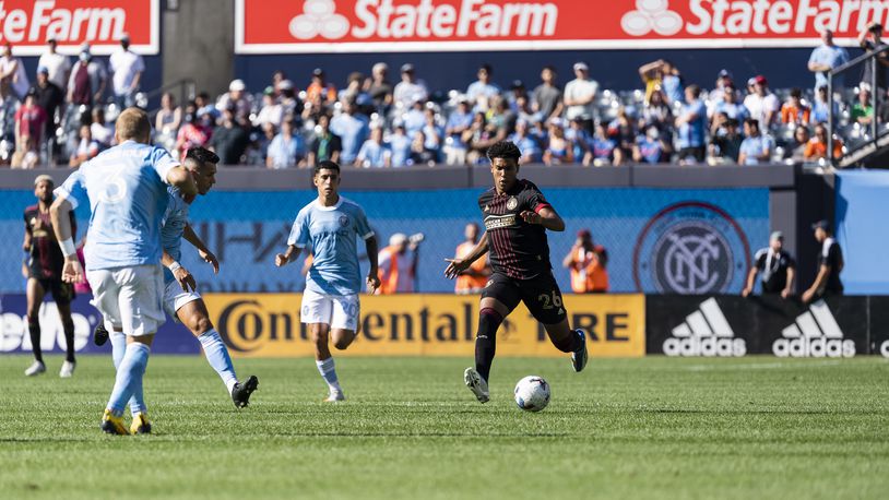 Atlanta United's Caleb Wiley dribbles during the match against NYCFC on Sunday at Yankee Stadium. The teams played to a 2-2 draw. (Photo by Dakota Williams/Atlanta United)